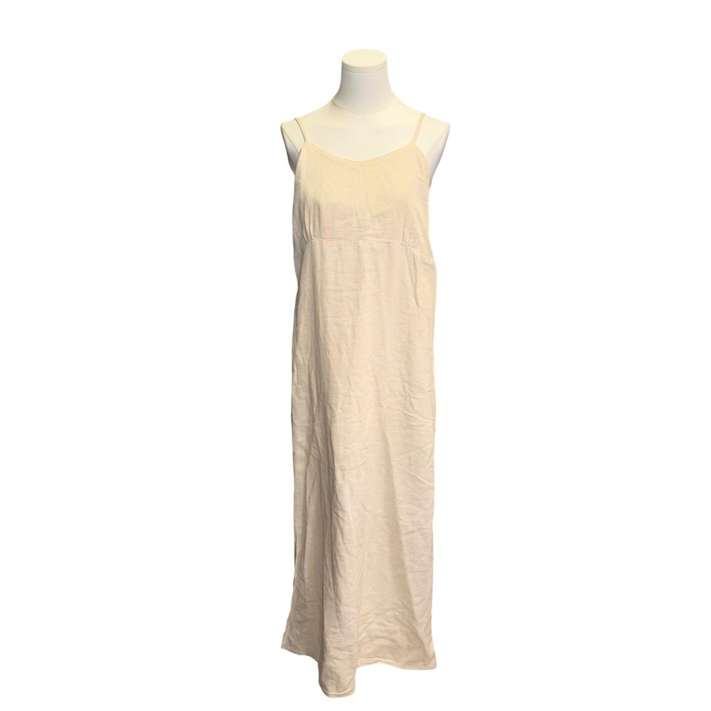 Cream Linen Blend Smocked Back Wide Leg Maxi Jumpsuit Adjustable Straps Boho - Picture 1 of 8